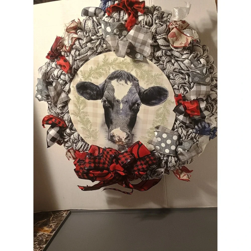 Handmade Cow Wreath Unisex Large Black White Excellent Farmhouse Plaid Mesh